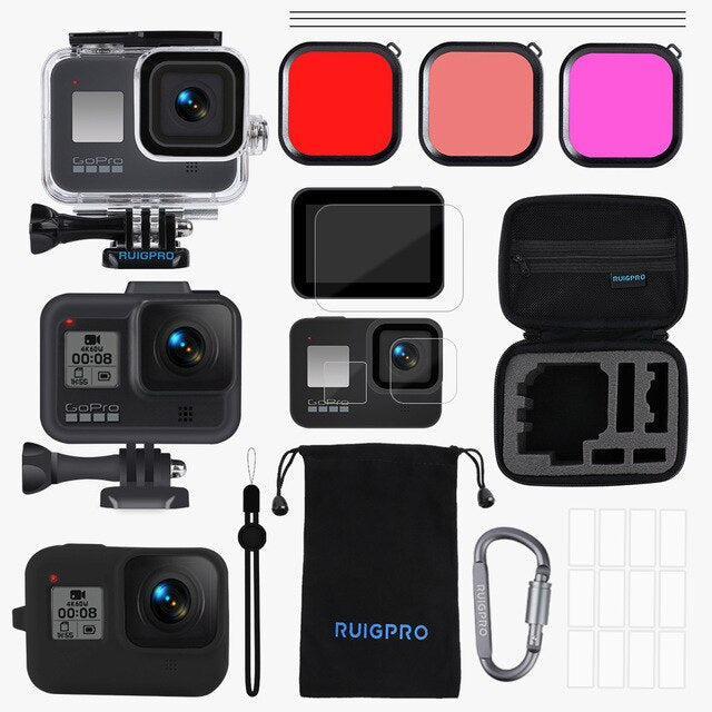 GoPro Accessories Set GoPro hero 8 kit EVA case Tempered film waterproof Housing case red filter Frame silicone Protector