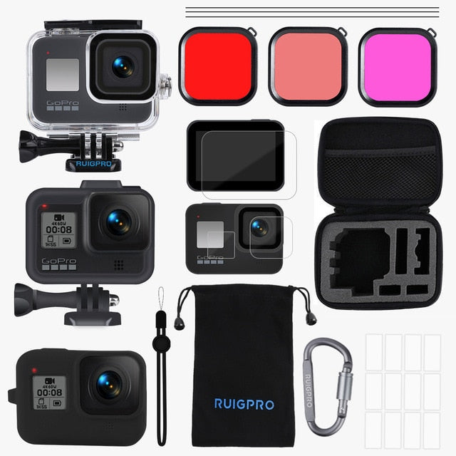 GoPro Accessories Set GoPro hero 8 kit EVA case Tempered film waterproof Housing case red filter Frame silicone Protector