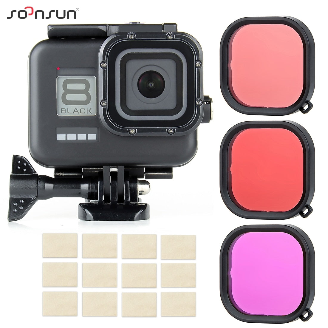 SOONSUN 60M Black Waterproof Protective Housing Underwater Dive Case + Filters Kit for GoPro Hero 8 Black Go Pro Case Accessory